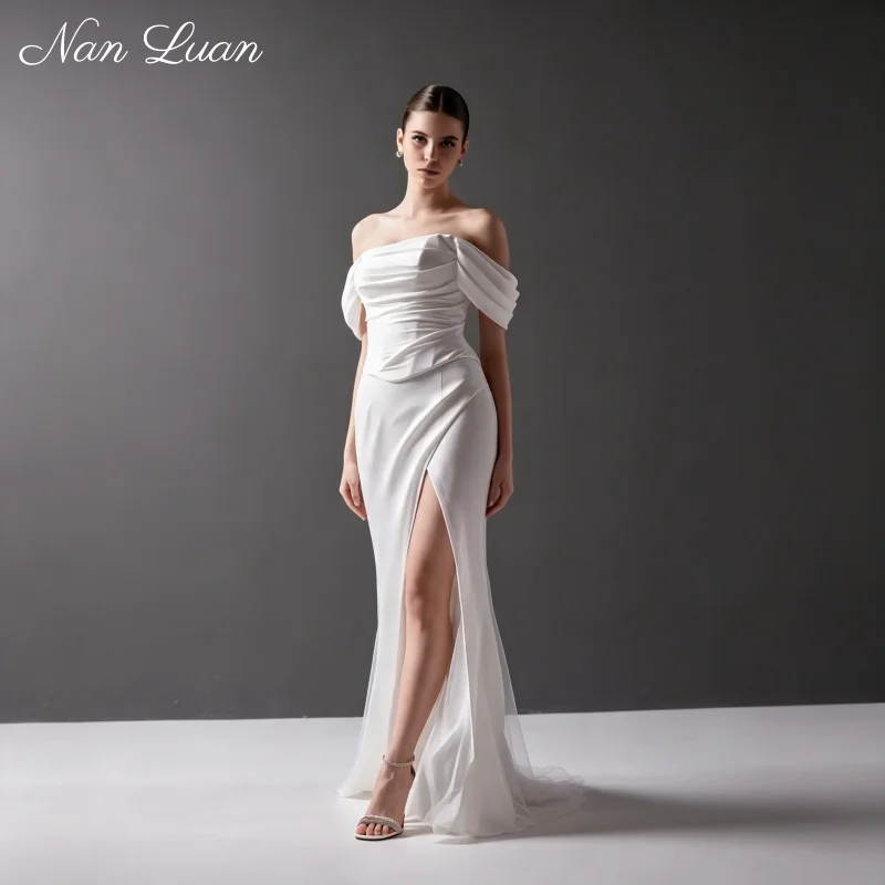 Off Shoulder Satin Mermaid Wedding Dress High Split Lace Up Back 26 Styles Bridal Gown Customized Vestidos De Novia