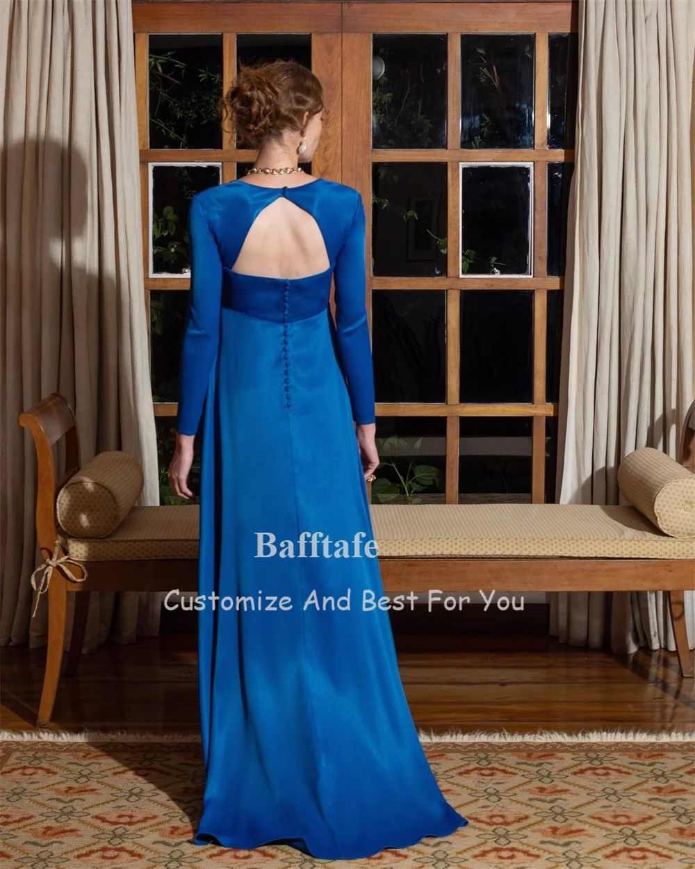 Bafftafe Royal Blue Silk Satin Prom Dresses Long Sleeves Saudi Arabic Evening Gowns Cut-out Formal Wedding Party Dress Women