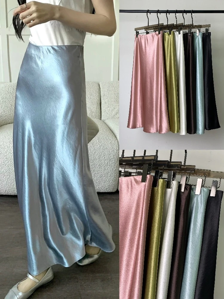 

Women‘s Satin Midi Skirt With Side Zipper High Waist Glossy Skirt