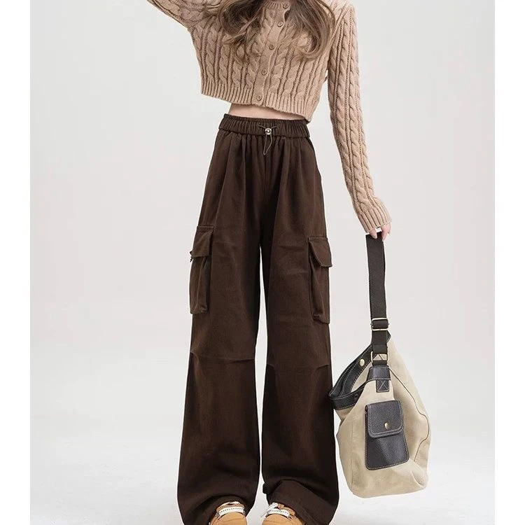 

Брюки-карго женские эластичные с полным карманом зимние хлопковые большие брюки в стиле ретро в стиле гранж с широкими штанинами теплые антихолодные для городских поездок на работу Y2K