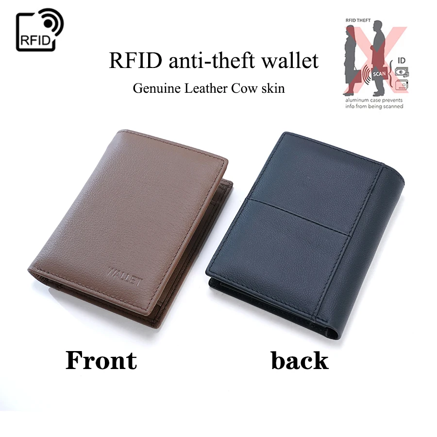 Dompet Koin Pria Anti-RFID Kulit Asli dengan Resleting, Tempat Kartu, dan Kantong Uang
