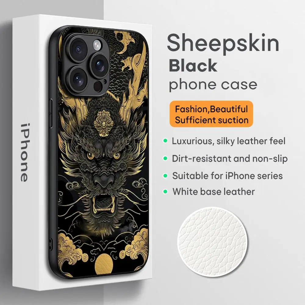 Chinese dragon fashion design Phone Case For iPhone 16 15 14 13 12 11 Plus Pro Max High-end Luxury Black hard case Sheepskin