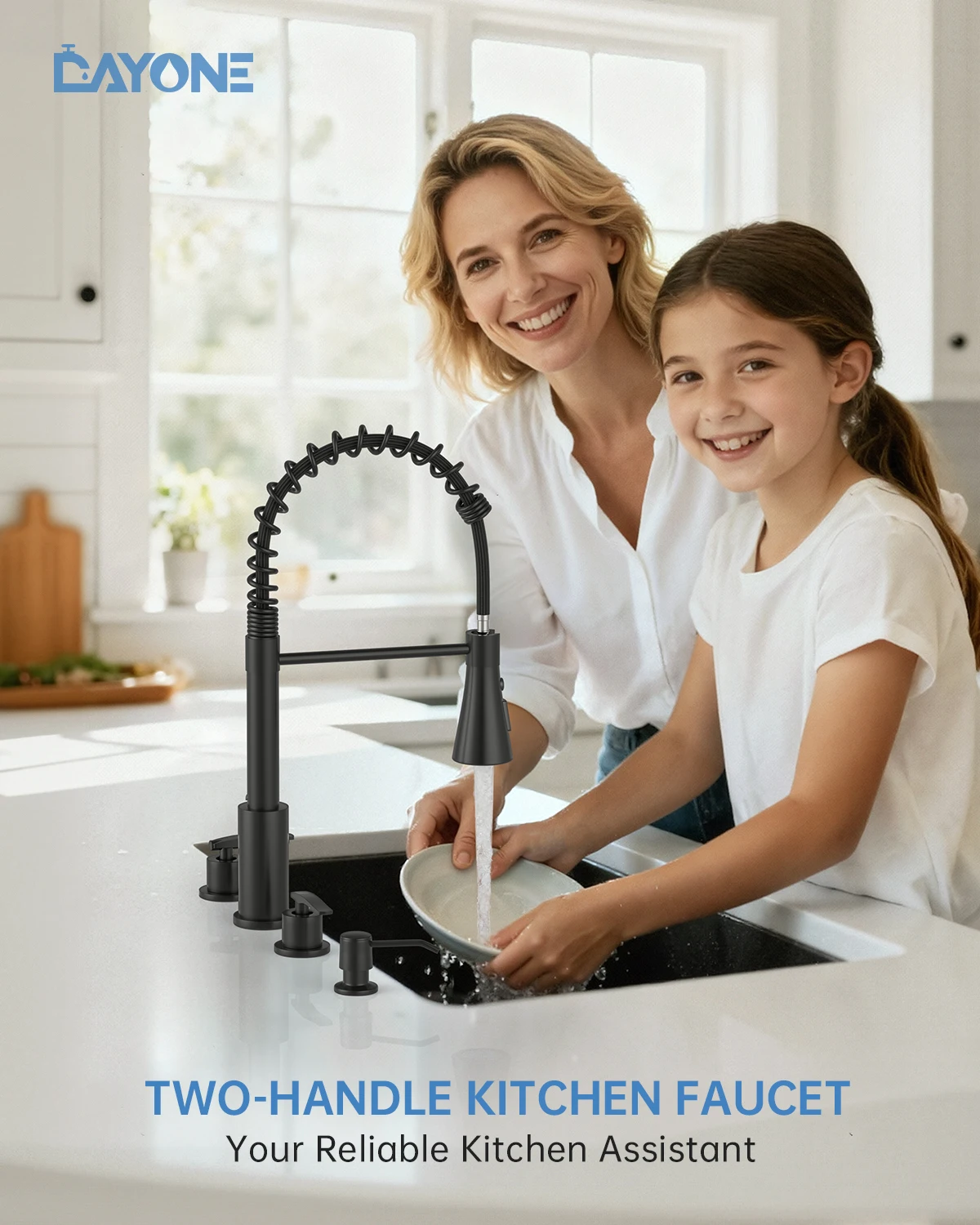 DAYONE 4 Holes Kitchen Faucet Matte Black, Commercial 3 Hole Kitchen Sink Faucet with Soap Dispenser, Modern 2 Handle Stainless Steel Faucet for RV Sink