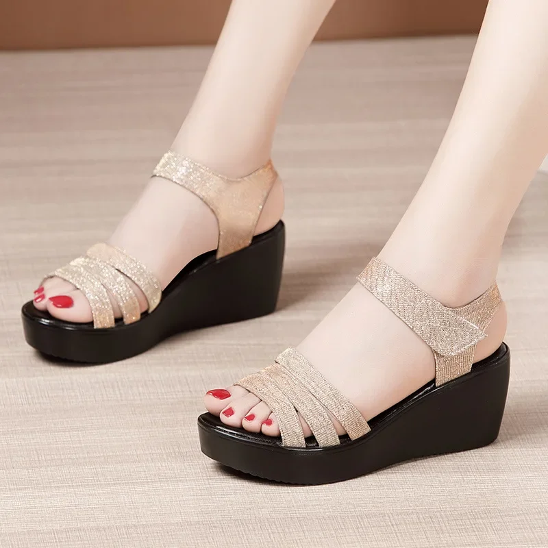 6cm Medium Heels Wedges Shoes for Women 2025 Summer Bling Casual Beach Office Thick Sole Platform Sandals Small Size 32-43