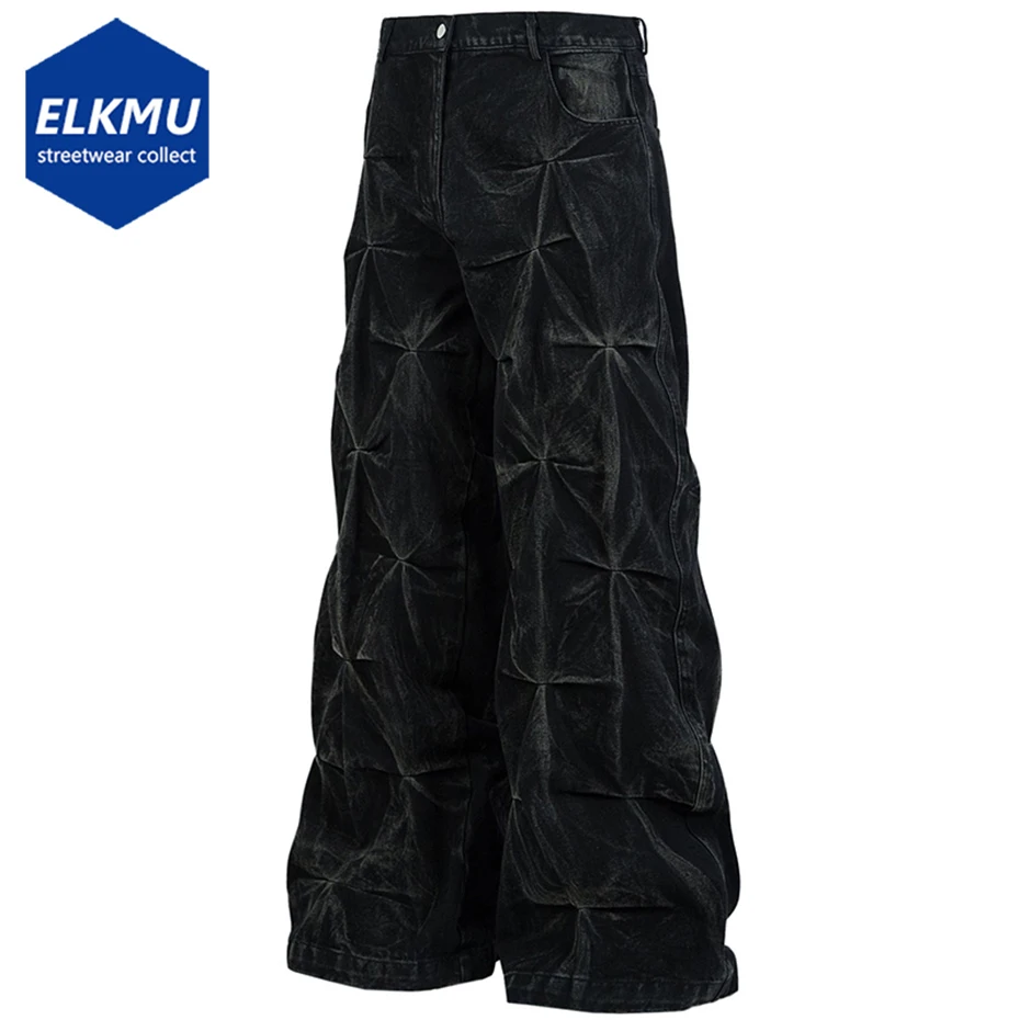 

Hi Street Black Baggy Jeans Pleated Designer Denim Pants Men's Streetwear Harajuku Hip Hop Loose Jeans Trousers