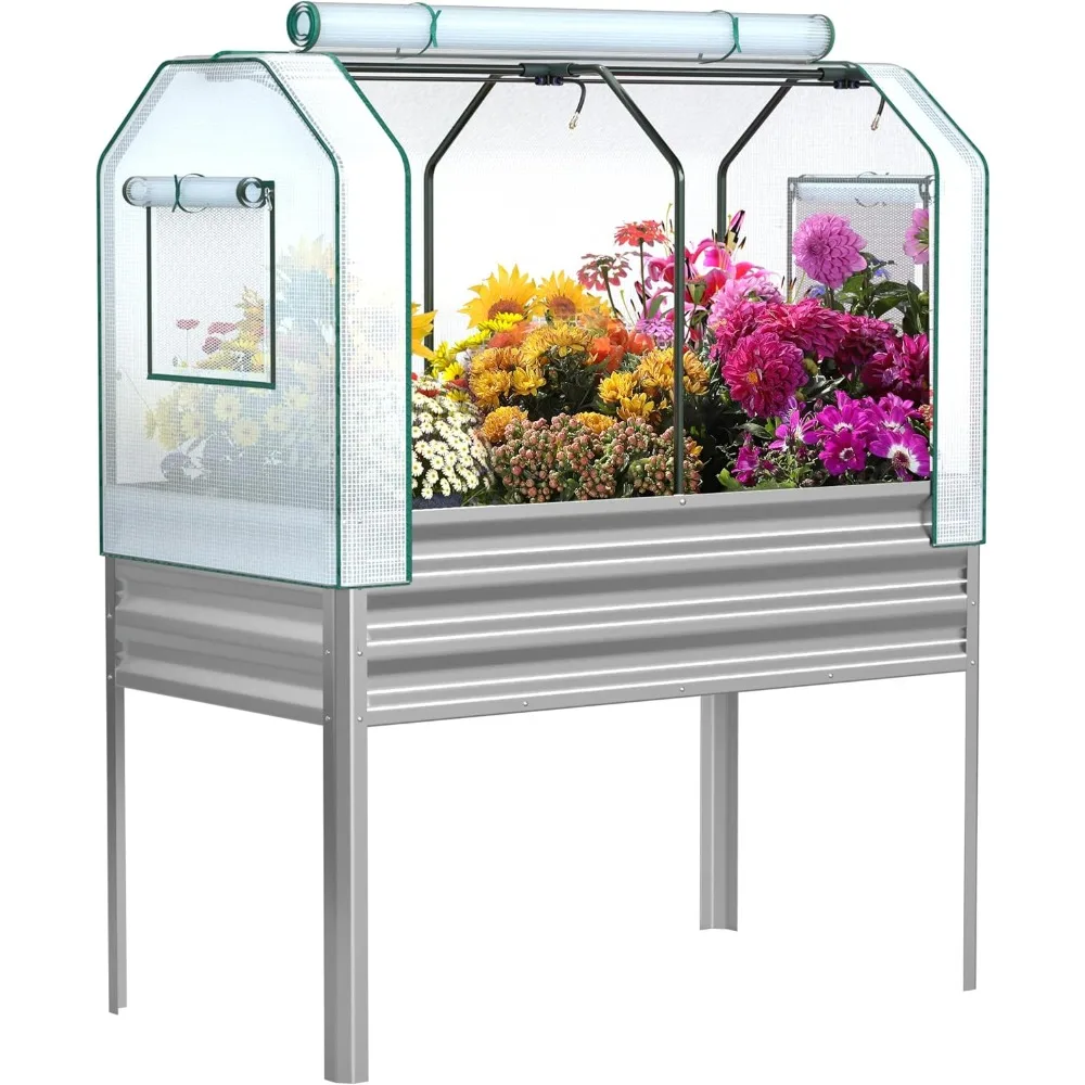 

Galvanized Raised Garden Bed with Built-in Spray Tube, Elevated Planter Box with Cover, Garden Beds Outdoor with Leg for Backyar
