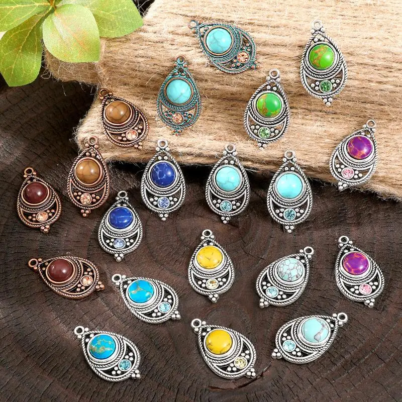 2 Stück Vintage Ethno-Bohemia Steinbesetzte Anhänger für Damen Ohrringe Halsketten Charms für DIY Schmuckherstellung Zubehör – Detail 8