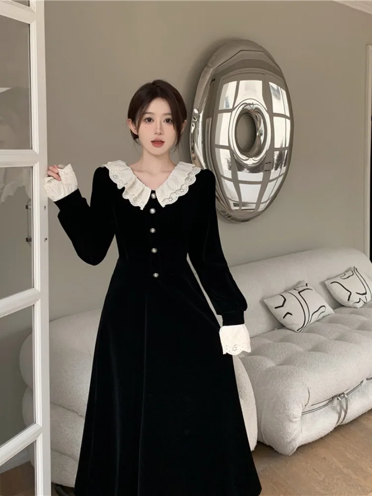 plus Size Hepburn Sle Waist-Cinching Doll Collar Dr Velvet Skirt Women's Faion Autumn Winter High-End Feeling Dr