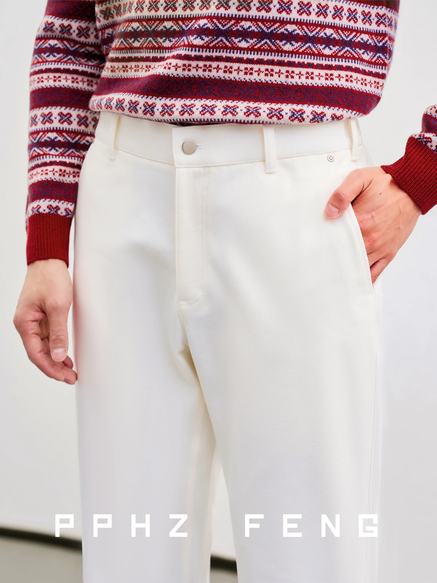 

Wool Denim Straight Leg Jeans Men's High Waist Elastic Waistband Five Pockets Business Casual Warm Winter Trousers