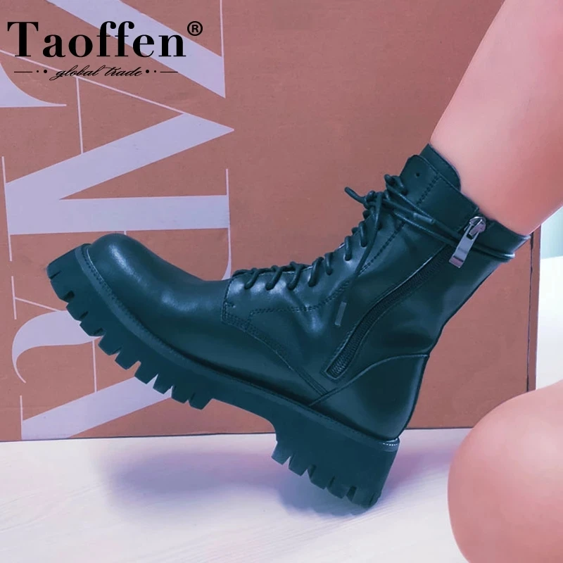 Taoffen New Women\'S Ankle Boots Real Leather Lace Up Women Winter Shoes Fashion Cool Short Boots Women Footwear Size 34-42