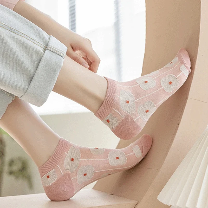 5 Paar Kawaii süße Blumen-3D-strukturierte Söckchen – dünne, niedrig geschnittene Strümpfe im Vintage-Stil für Damen, rosa Bootssocken, weiblich – Detail 6