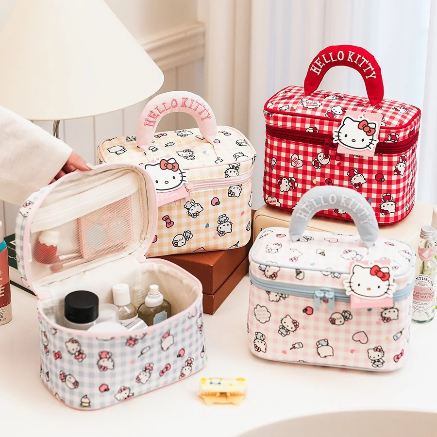 Borsa portaoggetti portatile di grande capacità, graziosa borsa per il trucco Sanrio Kitty a quadretti, resistente borsa portaoggetti in tela per il t