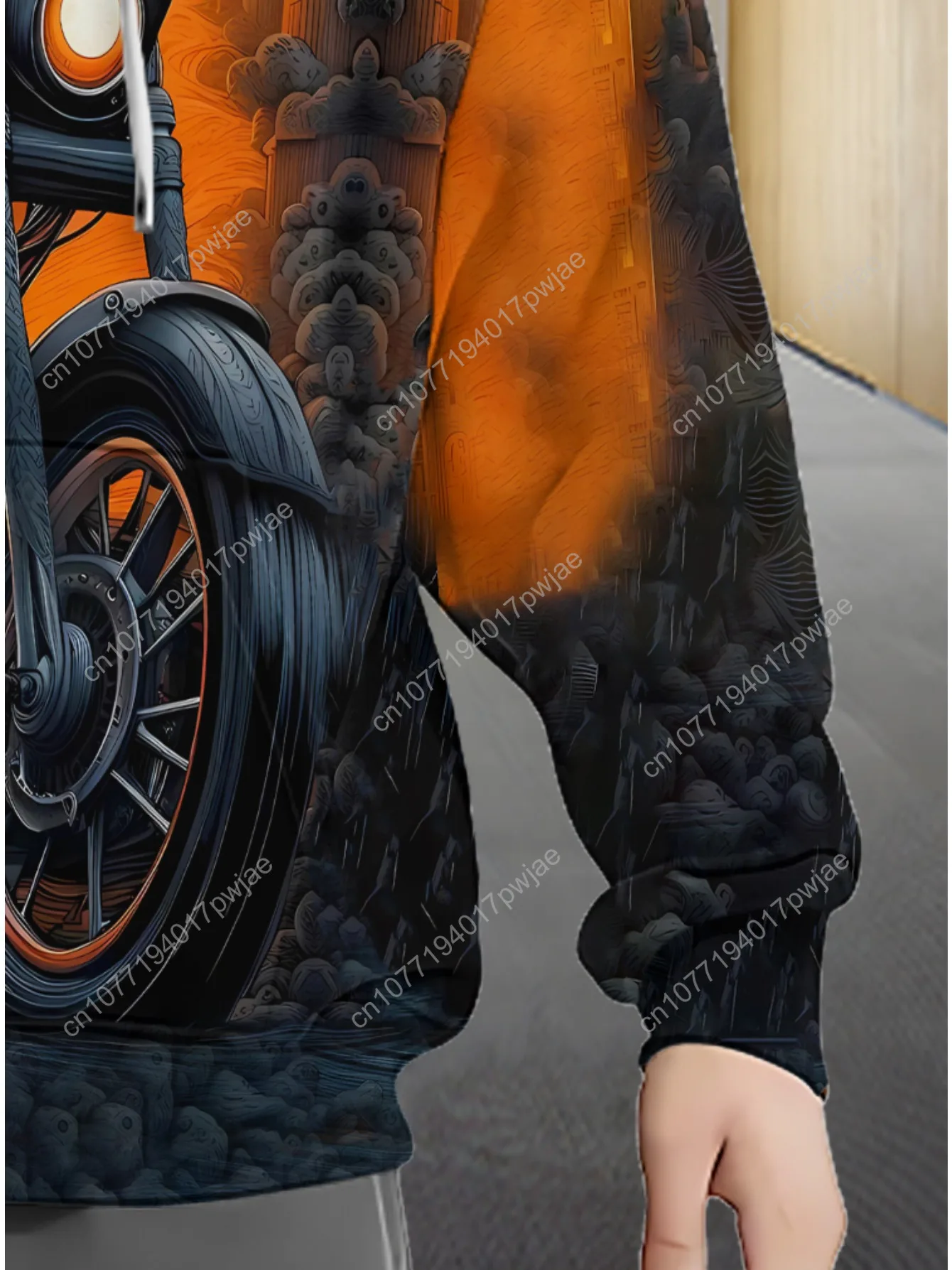 Moletom masculino estiloso com estampa de motocicleta – poliéster durável, leve e respirável, laranja com detalhes pretos, design com zíper para