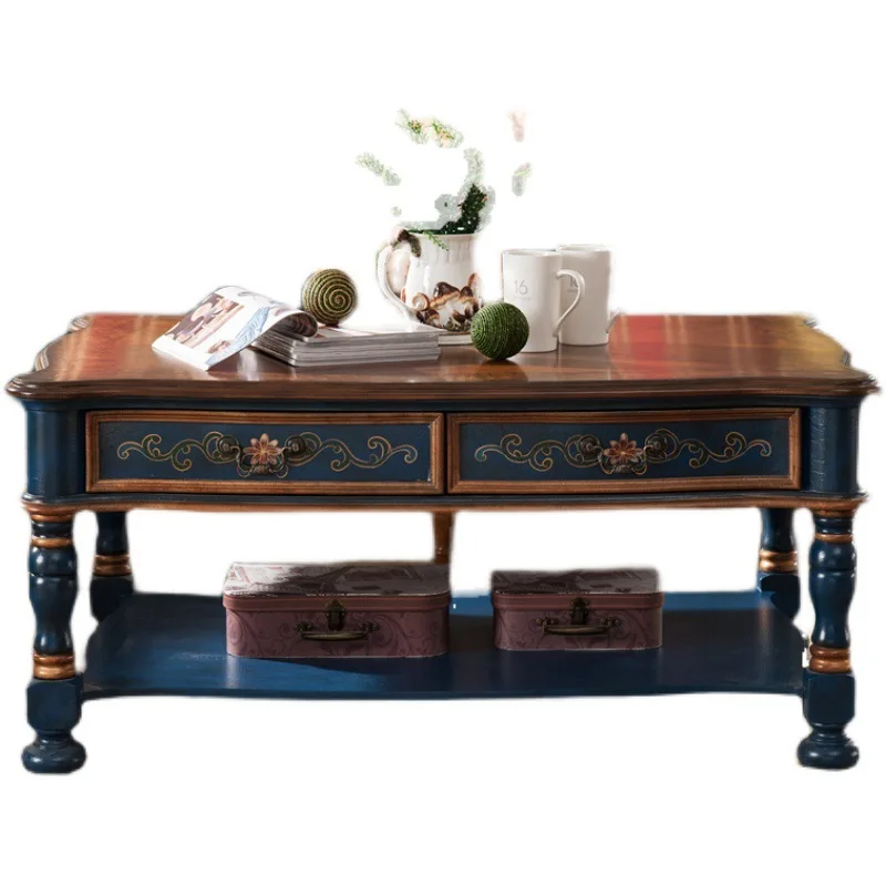 أثاث غرفة المعيشة طاولة قهوة من الخشب الصلب بطول 1.2 متر ودرج على الوجهين وطاولة قهوة زرقاء مطلية يدويًا