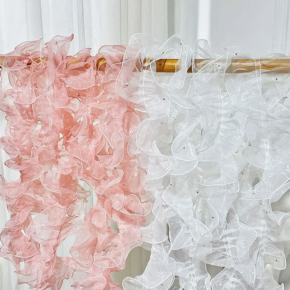 11cm Wide Organza Beaded Ribbon Wave Ruffle Edge Flower Lace Pleated Lace Trim Pearl Fabric Edge 1 Yard Encrypted Pleated Bead