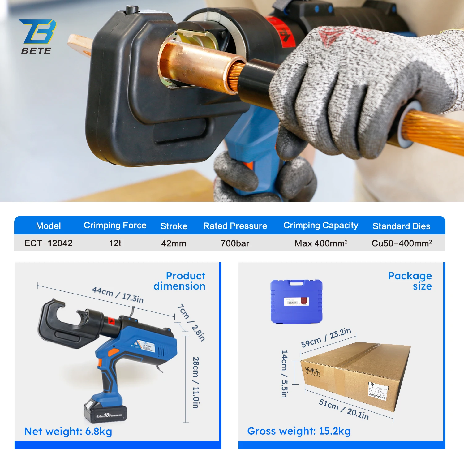 

Hot SalesECT-12042 700bar Battery Cu50-400mm2 Hydraulic Cable Crimper Connector Copper Cordless Electric Crimping Tool