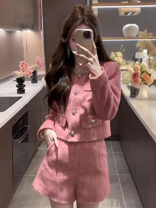 

Pink Fashion Set Women's Spring Autumn High Waist Skirt Short Coat Two Piece Suit Elegant Lady Rich Girl Style