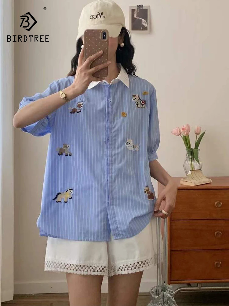 

New 2026 Summer Women Cotton Short Sleeve Shirt, Lapel Striped Embroidery, Mori Girl Cute Preppy Style Loose Blouse T63486CC