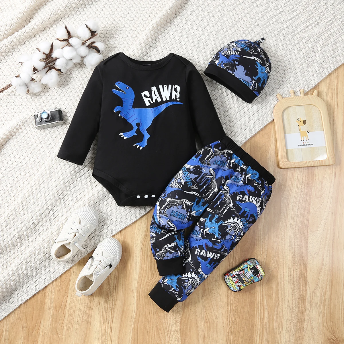 2-teiliges modisches Freizeit-Outfit für Babys mit Cartoon-Print, langärmliger Strampler mit komplett bedruckter langer Hose für Frühling und Herbst – Detail 3