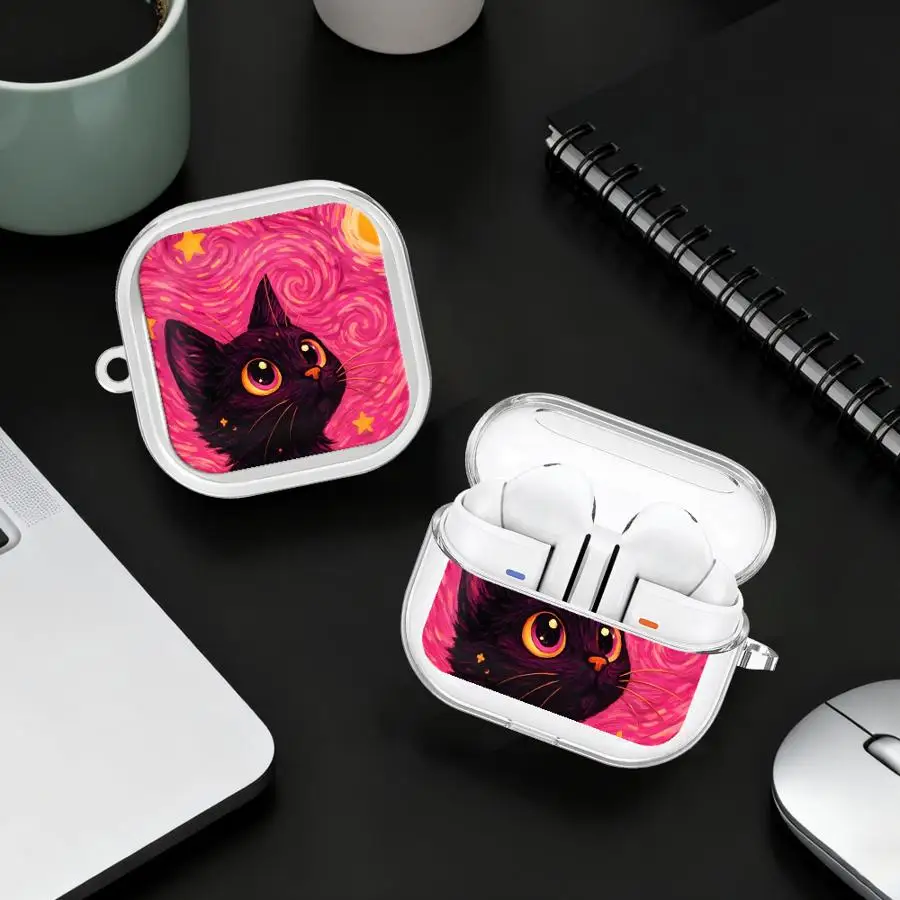 

Case For Samsung Galaxy Buds 4Pro 4 Pro 2 3Pro Live 2Pro 3 FE Clear Earphone Cases Cover With Hook Cat Pink Starry Night Art