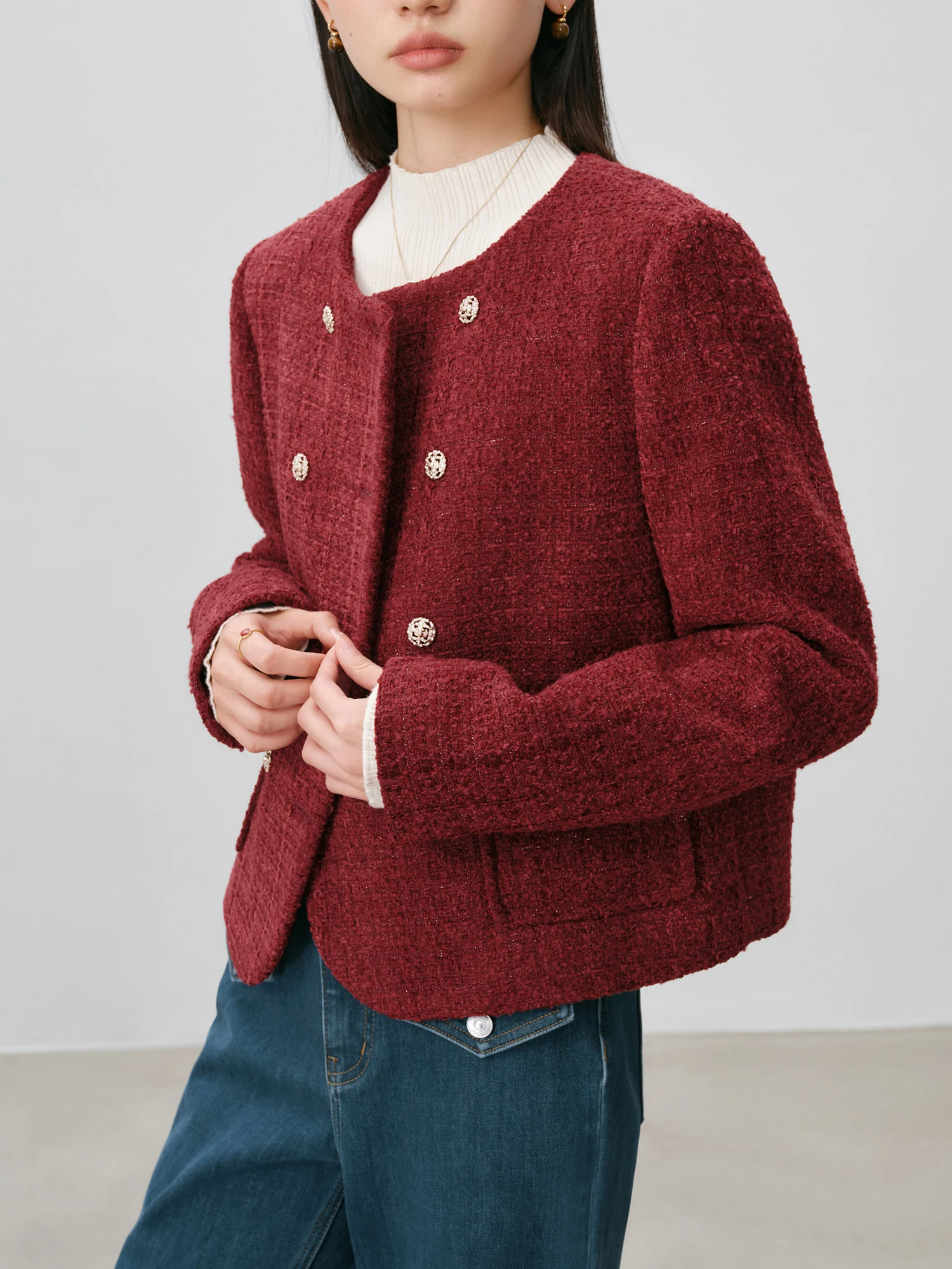 

ZIQIAO Women Tweed Jackets 20.3% Wool Winter Office Lady Short Retro Red Wool Jacket Double Breasted 800G Thick Coats 24ZQ94300