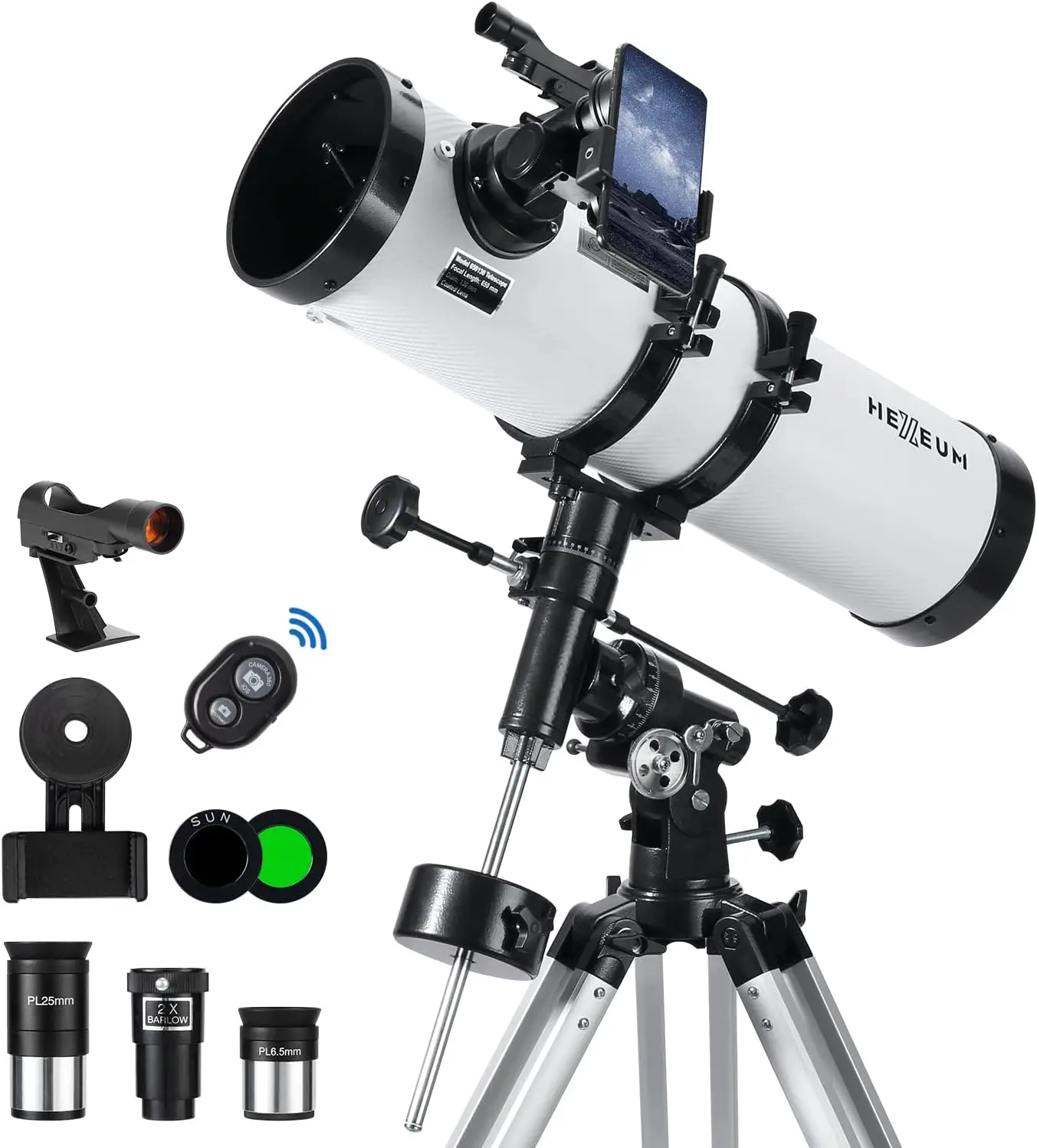 Telescope Manual Equatorial Telescope for  Astronomy. with 2 Barlow Lens Phone Adapter and Moon  Sun Filter, Wireless Control