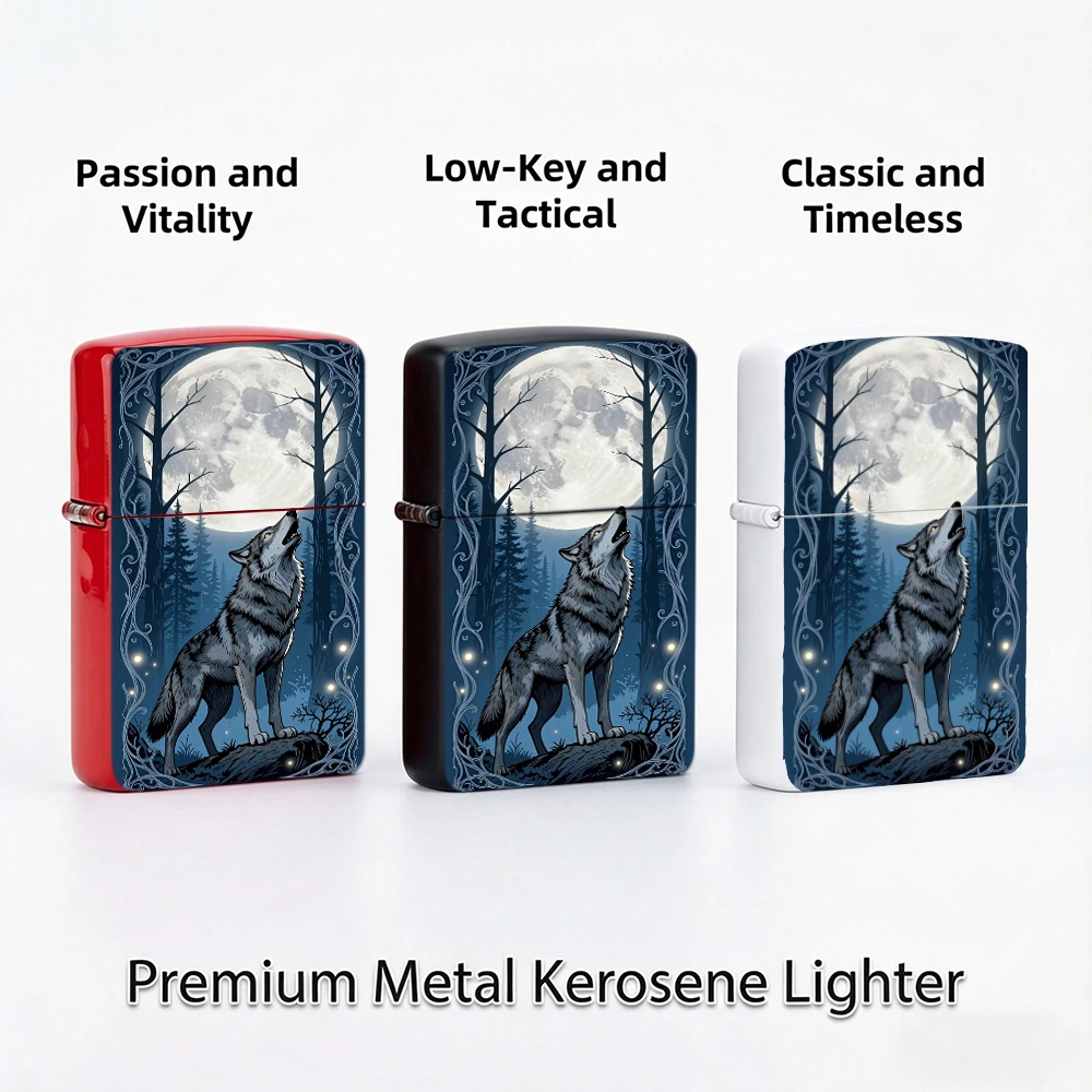 Vintage Flip Top Lighter lighters vintage Howling Wolf Under Full Moon Dark Forest Ornate Border Fantasy lighters for smokers