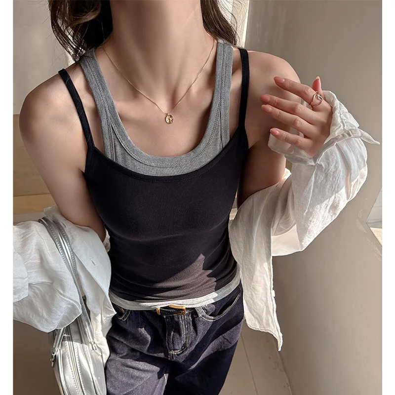 

Pure Cotton Strap Vest Women's Slim Fit Summer New Style Base Shirt Color Block Sleeveless Top Fashionable Underwear