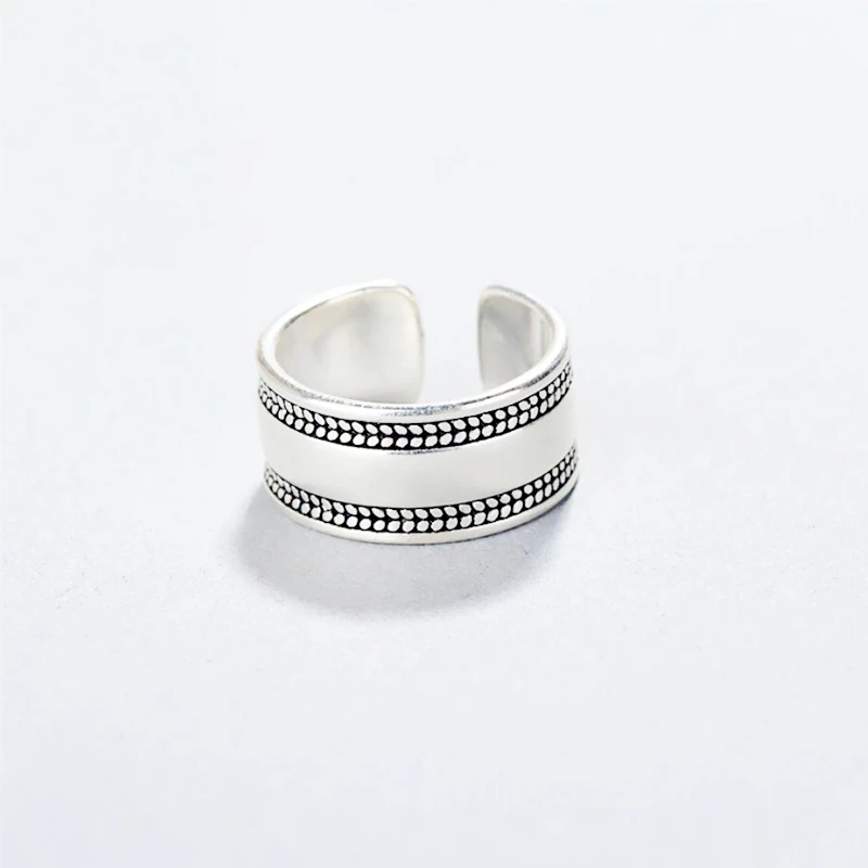 Retro Thai Silver Simple Leaves Geometric Art 925 Sterling Silver Female Resizable Opening Rings RI356
