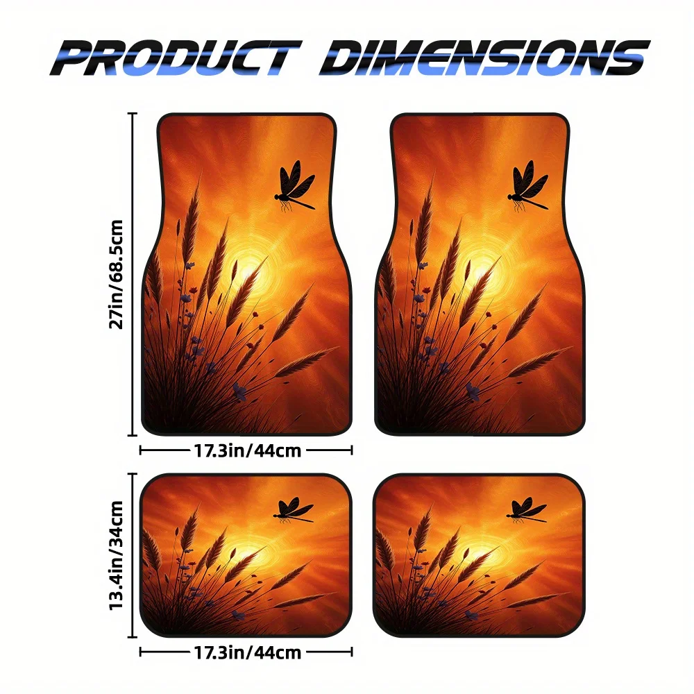 4pcs Car Foot Mats Featuring Dragonfly Sunset Silhouette Pattern, Compatible With Minivans Or Sedans, While Offering Easy Mainte