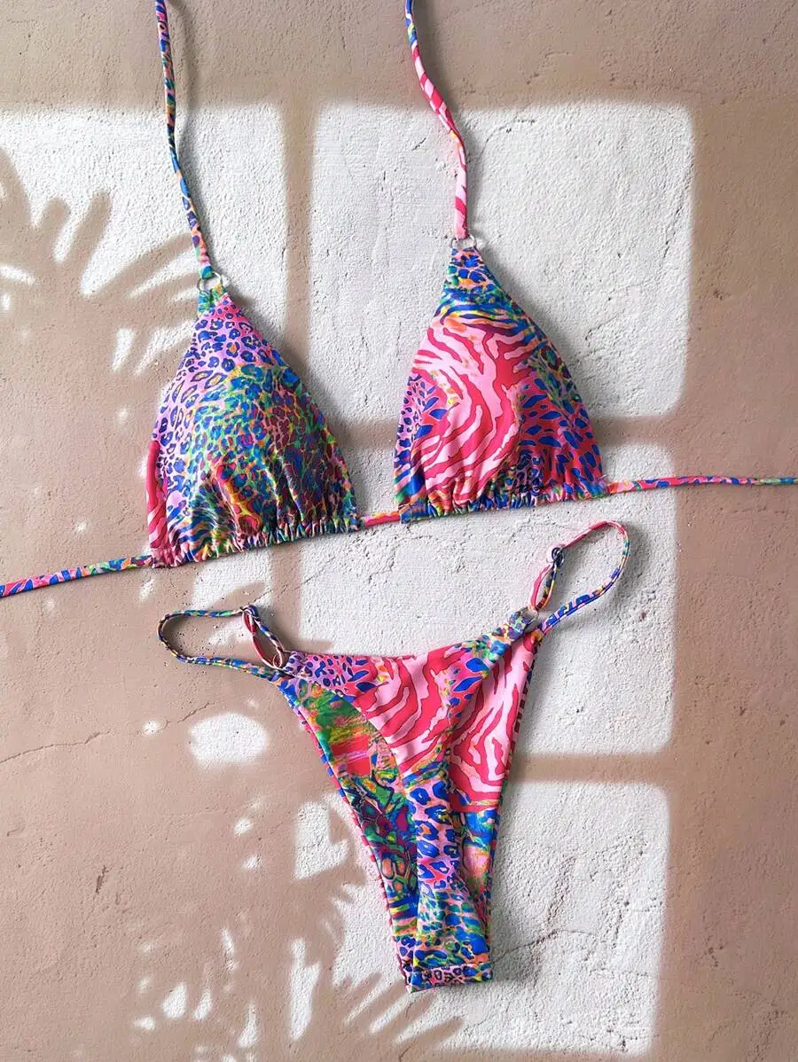 

Womens Vibrant Animal Print Triangle Bikini Set For Beach Summer Vacation