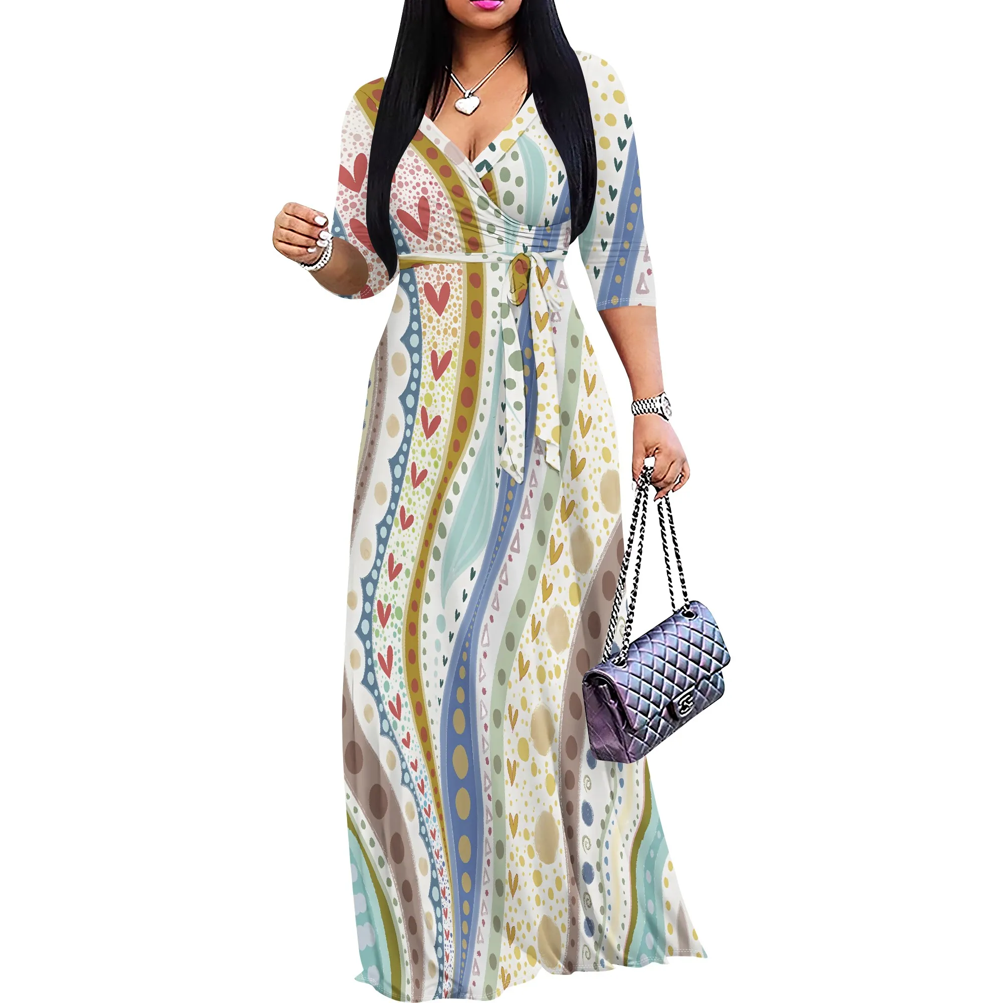 Nupusa Heart & Dot พิมพ์ชุดผู้หญิงขนาดมาตรฐานฤดูร้อนลําลอง V คอ 3/4 แขนเสื้อ Maxi ชุด