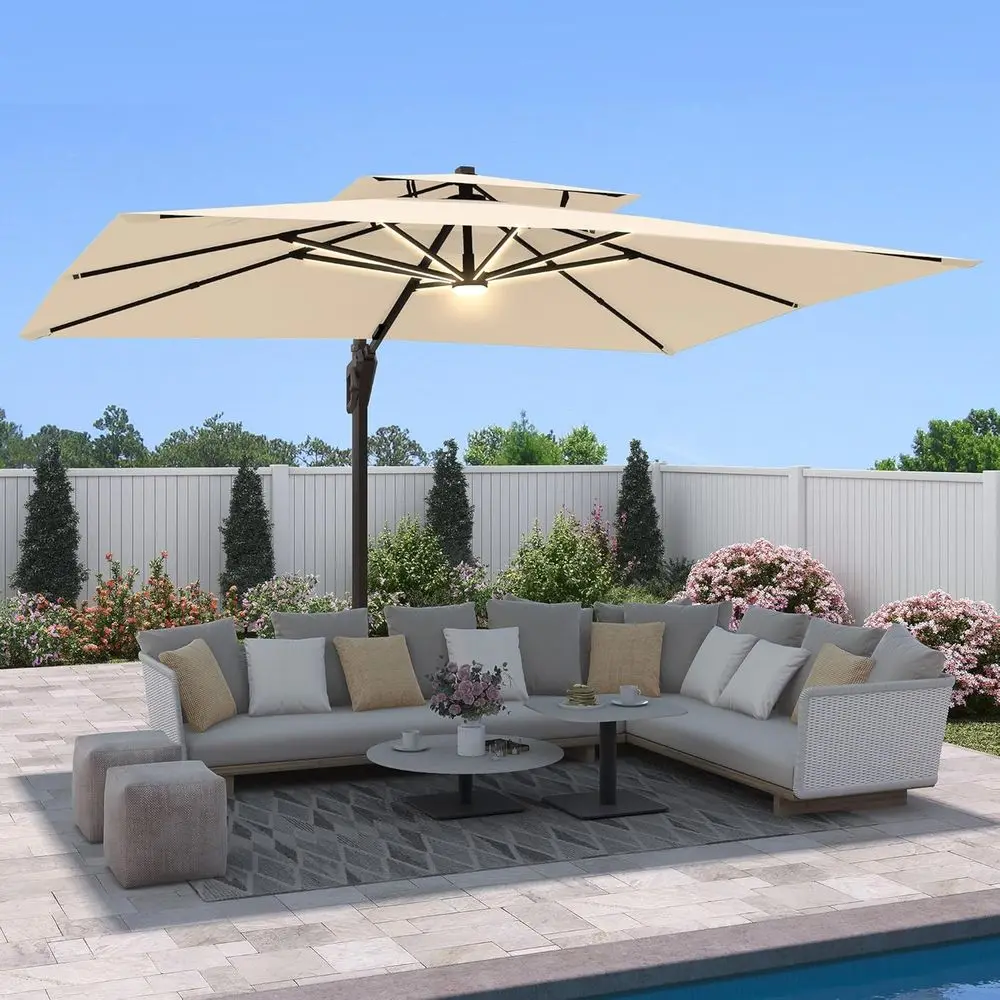 

Large 9ft 12ft Cantilever Patio Umbrella with Base, 360° Rotation, LED Lights, Beige