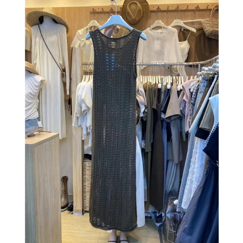 فستان نسائي صيفي محبوك مجوف مثير - تنورة طويلة بدون أكمام على طراز شاطئ ريترو، هوديي أنيق للعطلات البوهيمية6862