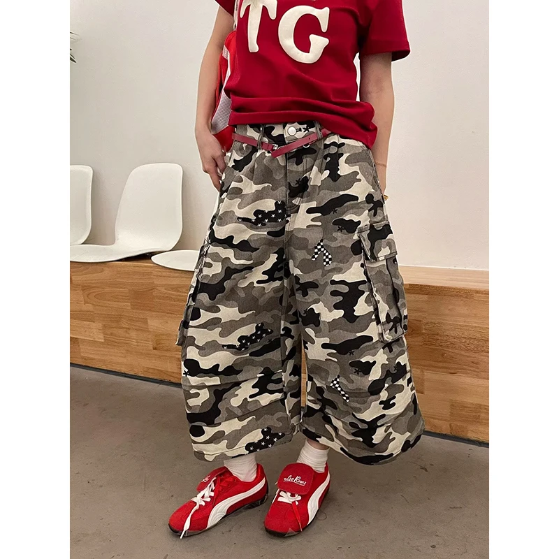 ZHIZOU Short en jean cargo camouflage pour femme, style Y2K japonais, rétro américain des années 2000, longueur mollet, tendance streetwear