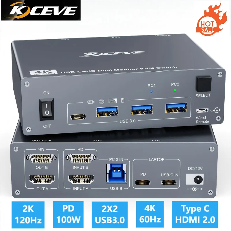 KCEVE USB 3.0 USB-C HDMI KVM Switch 4K@60Hz Dual Monitor Type C KVM Switch 1 Laptop 1 Computer 2 Monitor for Macbook 2 PC