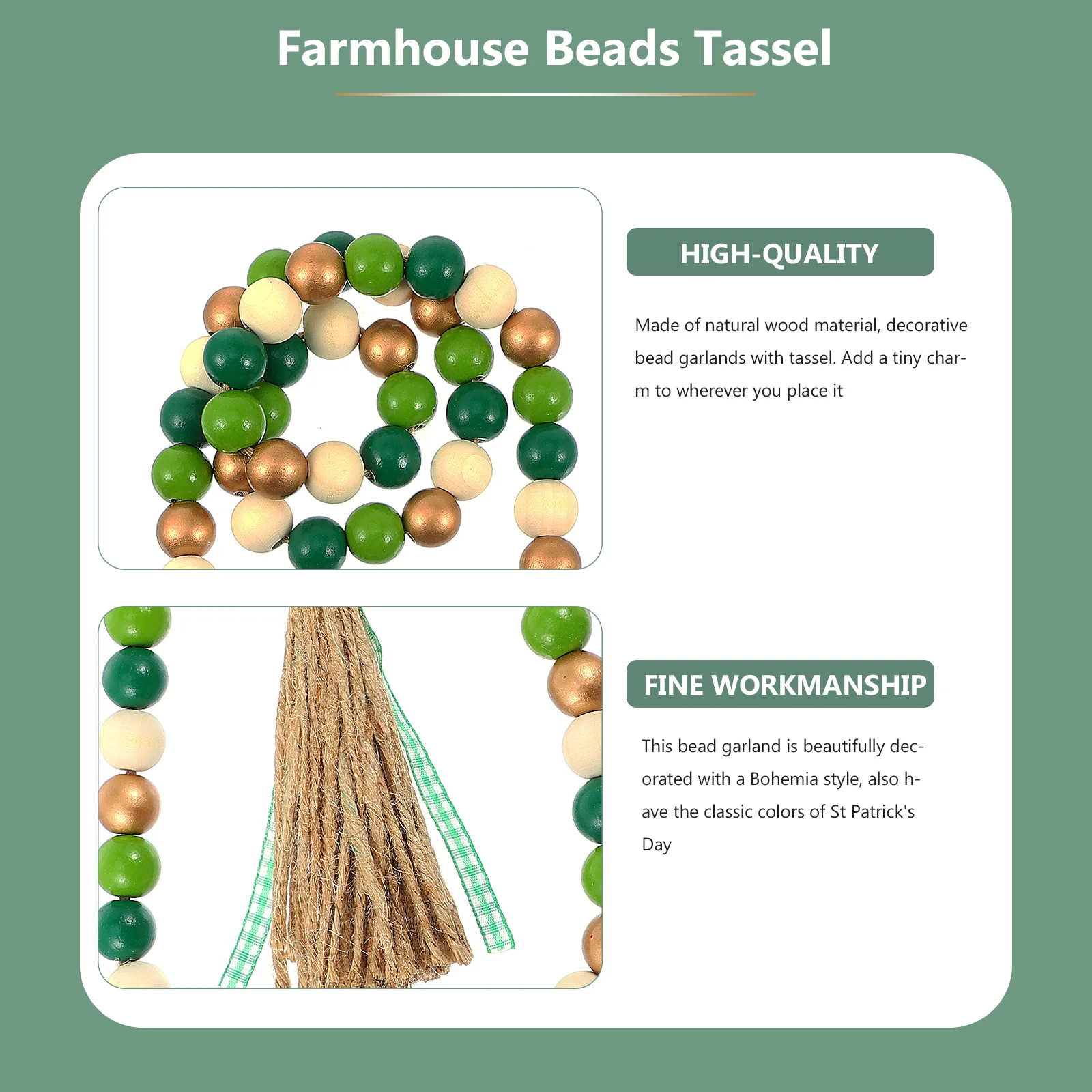 

St Patrick's Day Wood Beads Garland Natural Wood Rustic Beads Tassel Decoration Farmhouse Tier Tray Hanging Rustic Wooden Bead
