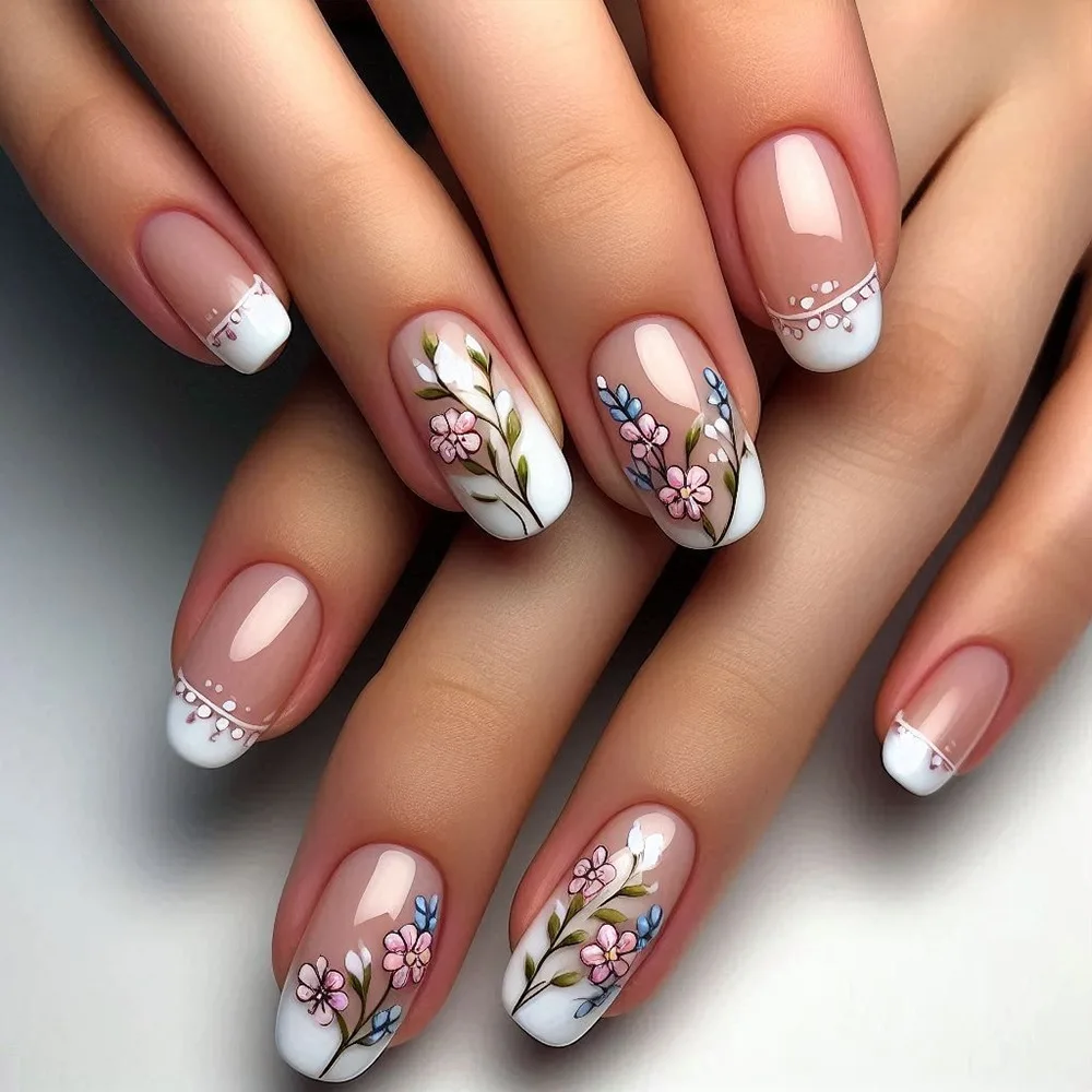 

24 Pcs Simple Floral Nail Tips with Charms White French False Nails To Stick with Design Fake Press on Nails Acrylic with Charms