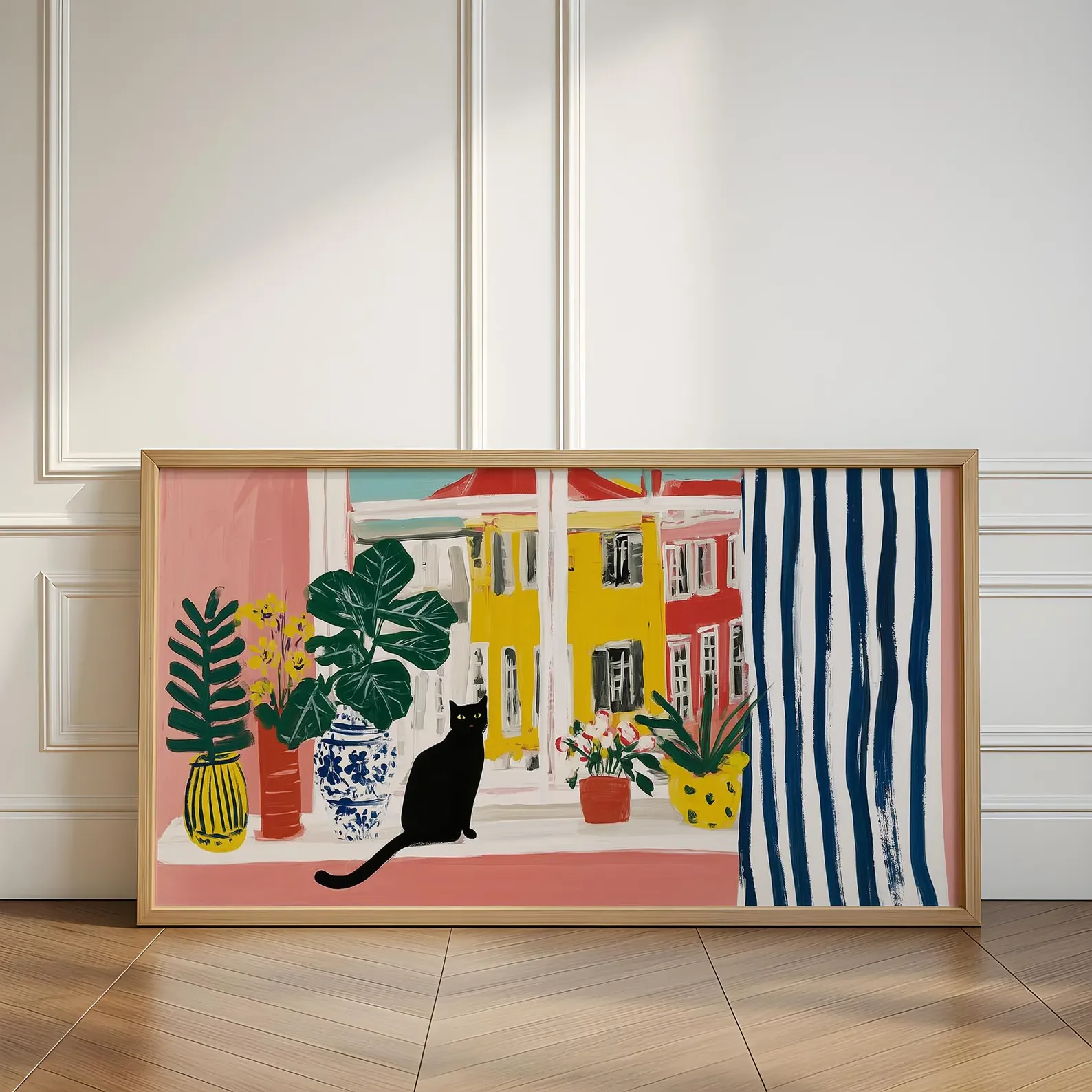 Série Matisse: Arte de Parede em Tela com Gato Preto Abstrato e Flores Coloridas em Vaso, Pintura Moderna em Tela sem Moldura para Decoração de Sala d