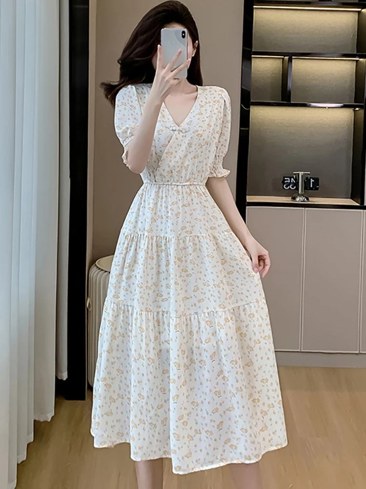 

Женское шифоновое платье миди с цветочным принтом и пышными рукавами и бриллиантами, v-образным вырезом, новинка 2023 года, корейское модное вечернее платье, летнее элегантное облегающее платье