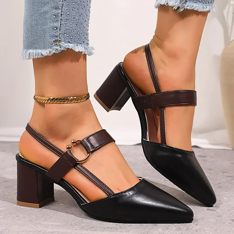 Elegant Pointed Toe Chunky Heel Sandals Women Summer Slingback High Heels Pumps Woman Fashion Thick Heeled Party Dress Sandalias image 3