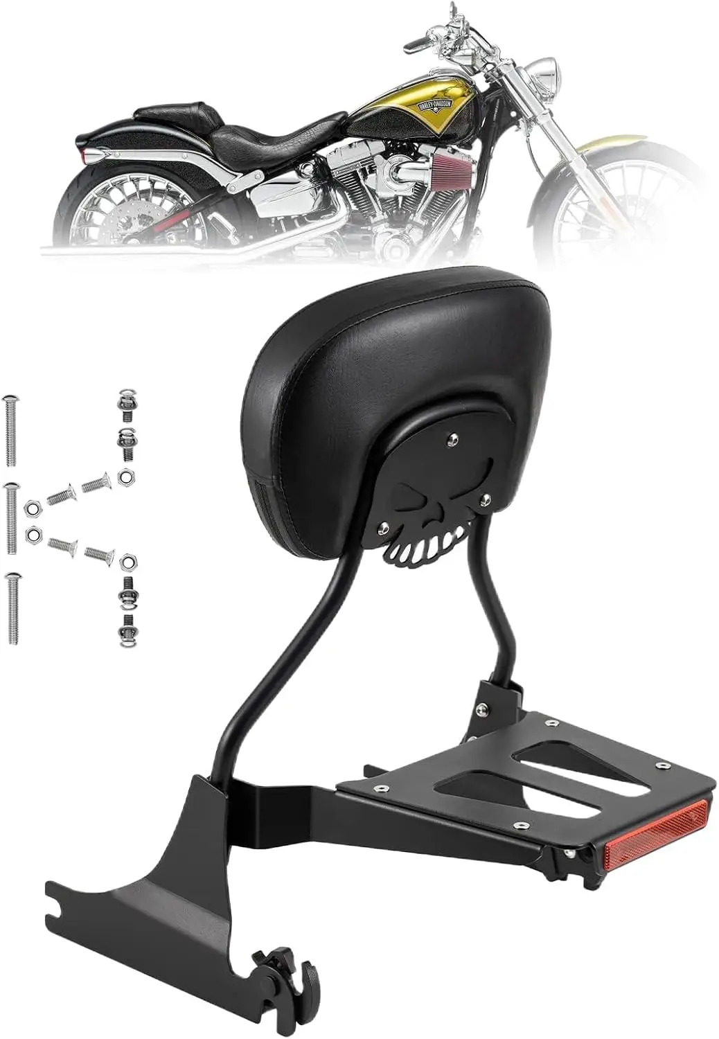Motorcycle Sissy Bar Backrest and Luggage Rack with Docking Kit, Black, Non-Studded, Fits Select Cruiser Motorcycles