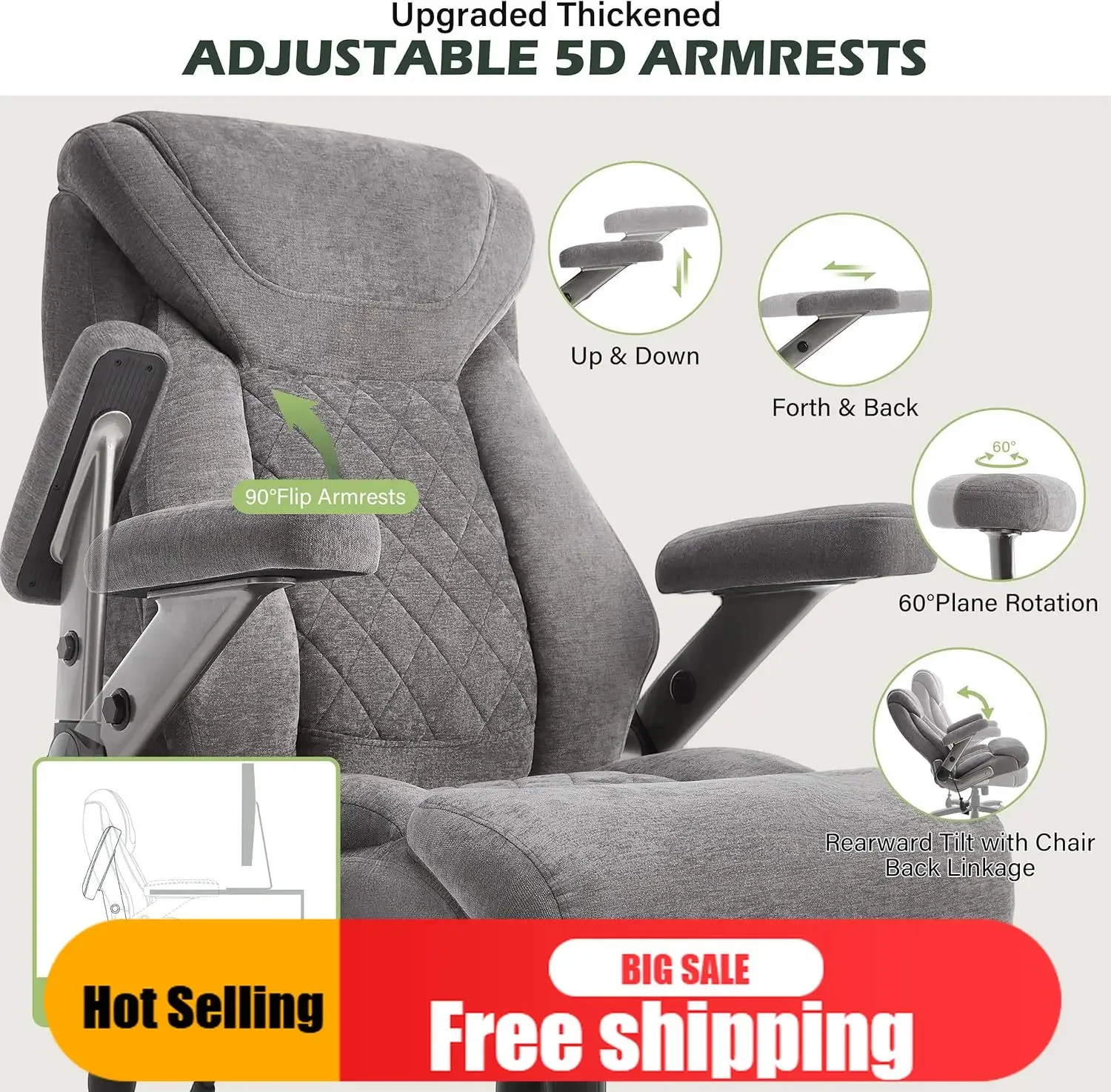 TOP-notch 650lbs Big and Tall Office Chair with Thick Spring Cushion,5D Flip Arm Ergonomic Executive Office Chair Adjustable Lum