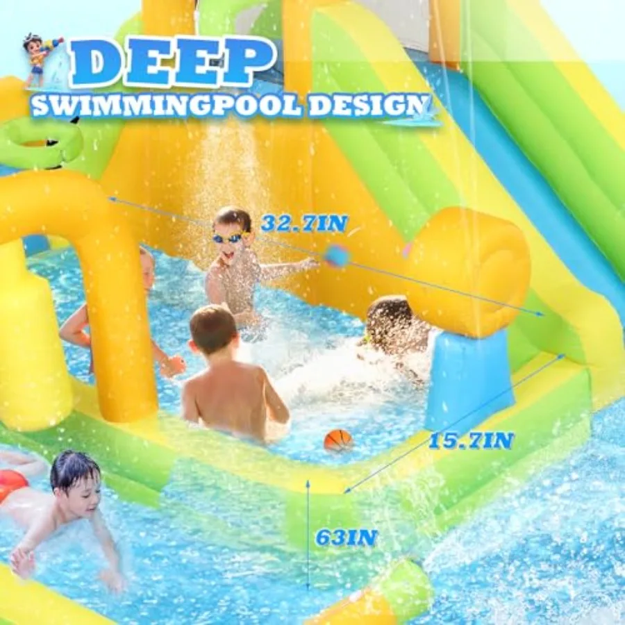 Backyard party inflatable water slide bounce house with deeper pool, obstacle course, climbing wall; yellow and green PVC mater