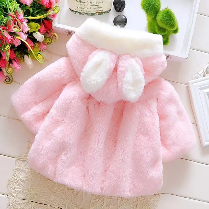 3 6 9 12 18 24 Months Baby Jacket Autumn Cute Rabbit Plush Princess Girls Coat Infant Warm Hooded Newborn Cloak Kids Clothes2024