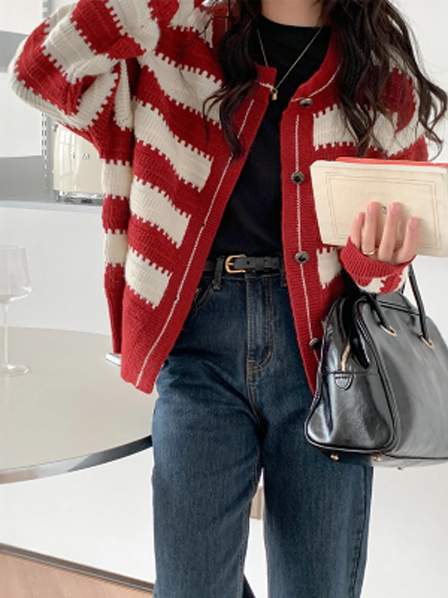 Soft Gentle Wind Striped Knit Cardigan Women's Autumn Winter Short Loose Fit Comfortable Warm Casual Style Fashion Outerwear