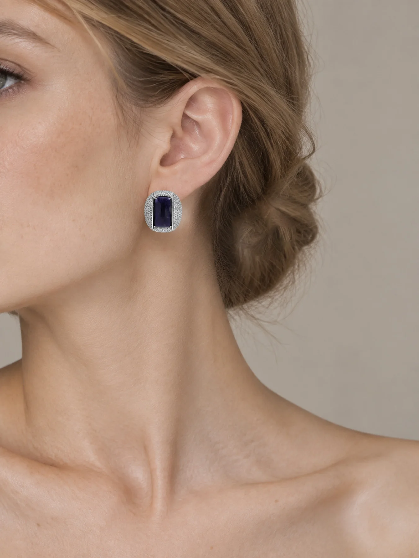 Vintage Rectangle Blue Goldstone Stud Earrings for Women, Pavé Crystal Halo Real White Gold Plated Statement Ear Jewelry