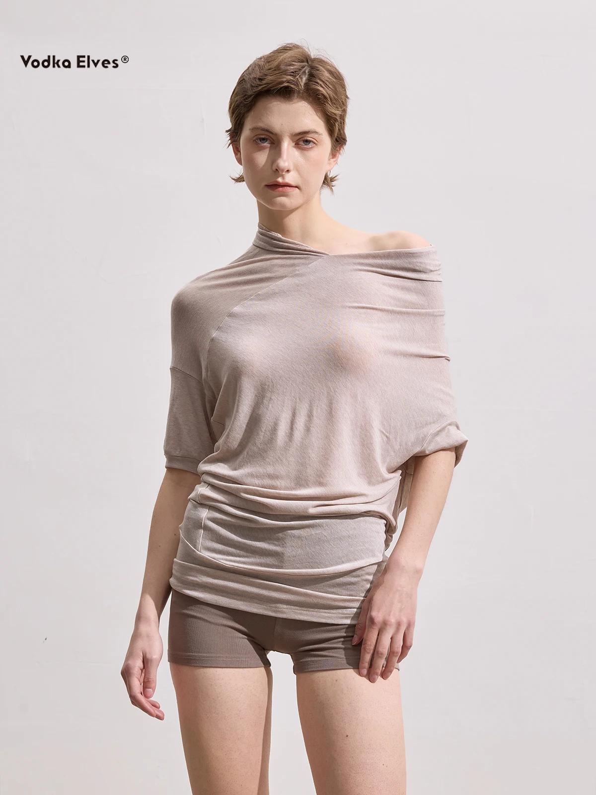 

Vodka Elves Asymmetrical oulder Bared ort Sve T-irt Women's Summer Casual Loose Fit Pure Color Breathable Sweat Abso...