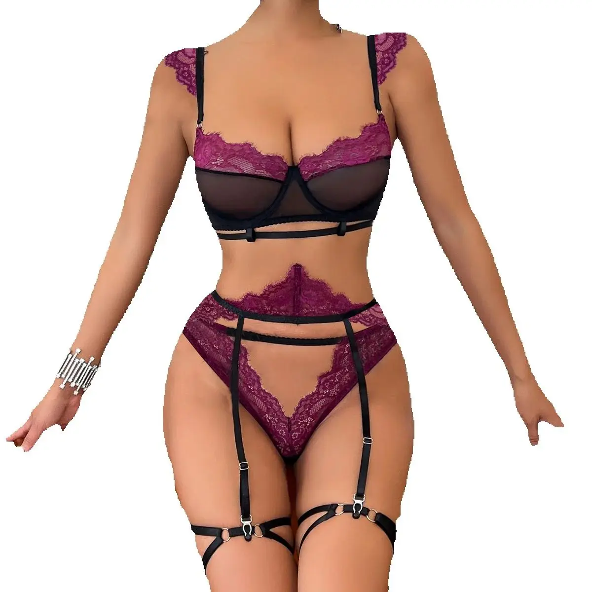 

Hot Sexy Purple Lace Patchwork Exotic Lingerie Sets for Women 4 Pieces Transparent Underwear Erotic Costumes Bra Thong Garters