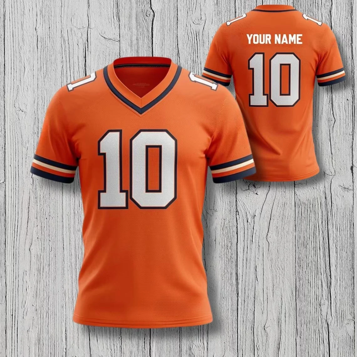 Custom Football Fan V Neck Jersey Shirt Orange Navy All Over Print Tee Personalized Number Game Day